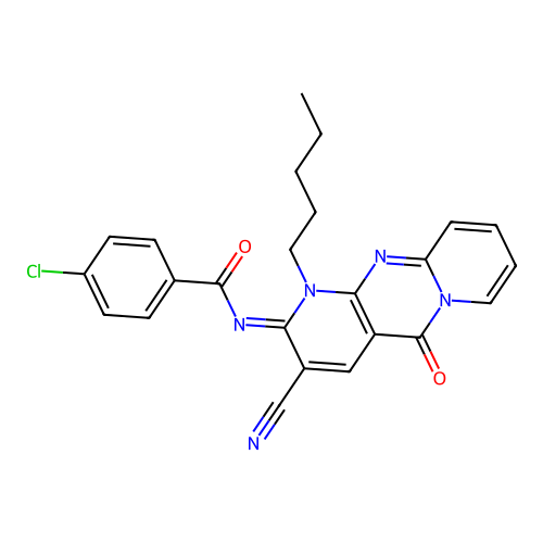(E)-4-chloro-N-(3-cyano-5-oxo-1-pentyl-1H-dipyrido[1,2-a:2',3'-d]pyrimidin-2(5H)-ylidene)benzamide structure