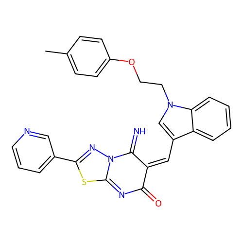 (E)-5-imino-2-(pyridin-3-yl)-6-((1-(2-(p-tolyloxy)ethyl)-1H-indol-3-yl)methylene)-5H-[1,3,4]thiadiazolo[3,2-a]pyrimidin-7(6H)-one structure