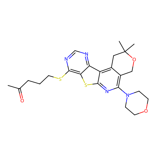 5-((2,2-dimethyl-5-morpholino-2,4-dihydro-1H-pyrano[4'',3'':4',5']pyrido[3',2':4,5]thieno[3,2-d]pyrimidin-8-yl)thio)pentan-2-one structure
