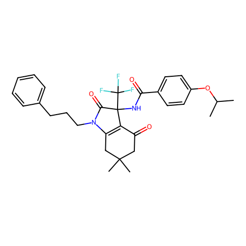 N-(6,6-dimethyl-2,4-dioxo-1-(3-phenylpropyl)-3-(trifluoromethyl)-2,3,4,5,6,7-hexahydro-1H-indol-3-yl)-4-isopropoxybenzamide structure
