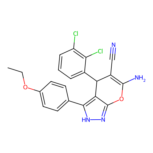 6-amino-4-(2,3-dichlorophenyl)-3-(4-ethoxyphenyl)-1,4-dihydropyrano[2,3-c]pyrazole-5-carbonitrile structure