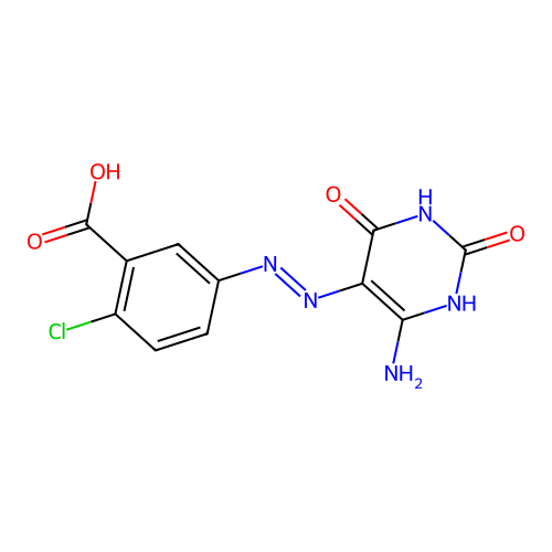 5-[(2E)-2-(4-amino-2,6-dioxopyrimidin-5-ylidene)hydrazinyl]-2-chlorobenzoic acid structure