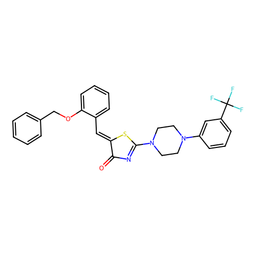 (5Z)-5-[(2-phenylmethoxyphenyl)methylidene]-2-[4-[3-(trifluoromethyl)phenyl]piperazin-1-yl]-1,3-thiazol-4-one structure