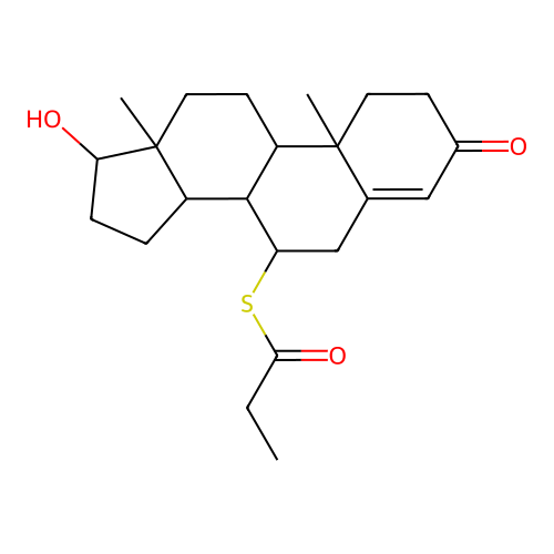 S-(17-Hydroxy-3-oxoandrost-4-en-7-yl) propanethioate structure