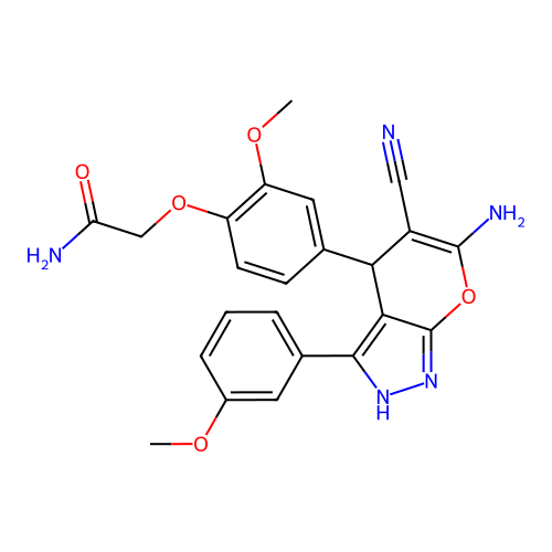 2-(4-(6-amino-5-cyano-3-(3-methoxyphenyl)-1,4-dihydropyrano[2,3-c]pyrazol-4-yl)-2-methoxyphenoxy)acetamide structure