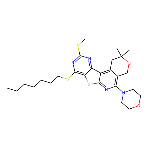 8-(heptylsulfanyl)-2,2-dimethyl-10-(methylsulfanyl)-5-(morpholin-4-yl)-1,4-dihydro-2H-pyrano[4'',3'':4',5']pyrido[3',2':4,5]thieno[3,2-d]pyrimidine structure