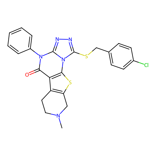 1-((4-chlorobenzyl)thio)-8-methyl-4-phenyl-6,7,8,9-tetrahydropyrido[4',3':4,5]thieno[3,2-e][1,2,4]triazolo[4,3-a]pyrimidin-5(4H)-one structure