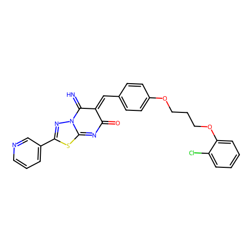 (6Z)-6-[[4-[3-(2-chlorophenoxy)propoxy]phenyl]methylidene]-5-imino-2-pyridin-3-yl-[1,3,4]thiadiazolo[3,2-a]pyrimidin-7-one structure