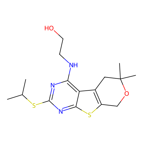 2-((2-(isopropylthio)-6,6-dimethyl-6,8-dihydro-5H-pyrano[4',3':4,5]thieno[2,3-d]pyrimidin-4-yl)amino)ethanol structure