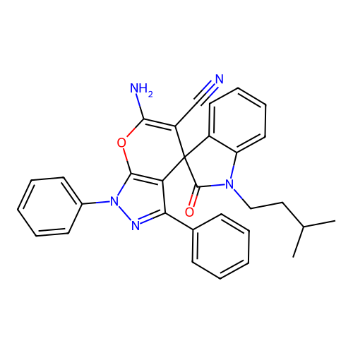 6'-amino-1-(3-methylbutyl)-2-oxo-1',3'-diphenyl-1,2-dihydro-1'H-spiro[indole-3,4'-pyrano[2,3-c]pyrazole]-5'-carbonitrile structure