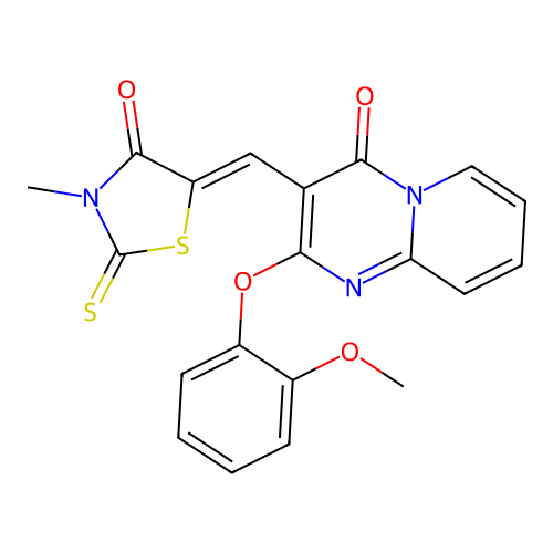 2-(2-methoxyphenoxy)-3-[(Z)-(3-methyl-4-oxo-2-thioxo-1,3-thiazolidin-5-ylidene)methyl]-4H-pyrido[1,2-a]pyrimidin-4-one structure