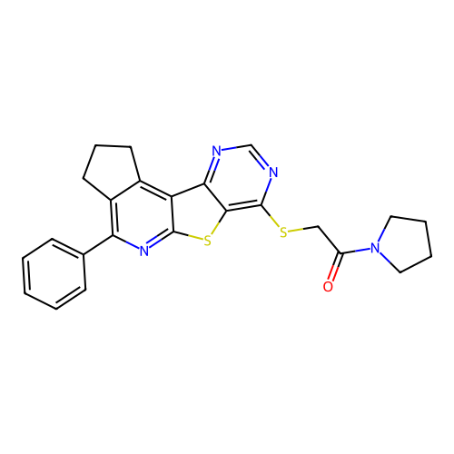 2-((4-phenyl-2,3-dihydro-1H-cyclopenta[4',5']pyrido[3',2':4,5]thieno[3,2-d]pyrimidin-7-yl)thio)-1-(pyrrolidin-1-yl)ethanone structure