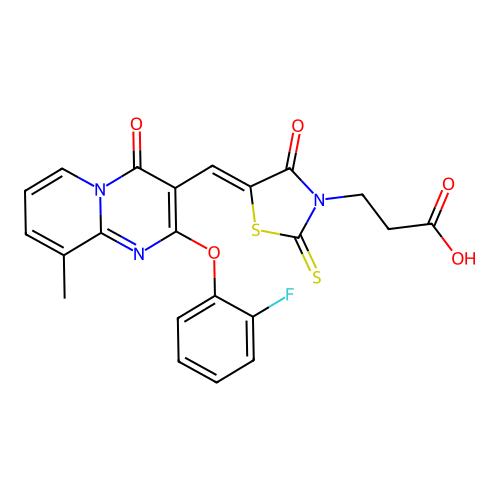 3-[(5Z)-5-{[2-(2-fluorophenoxy)-9-methyl-4-oxo-4H-pyrido[1,2-a]pyrimidin-3-yl]methylidene}-4-oxo-2-thioxo-1,3-thiazolidin-3-yl]propanoic acid structure