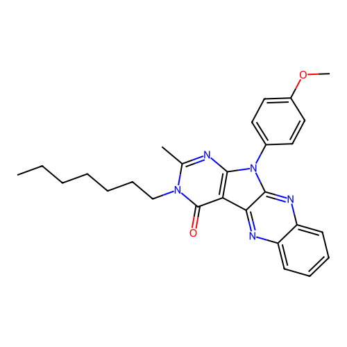 3-heptyl-11-(4-methoxyphenyl)-2-methyl-3,11-dihydro-4H-pyrimido[5',4':4,5]pyrrolo[2,3-b]quinoxalin-4-one structure