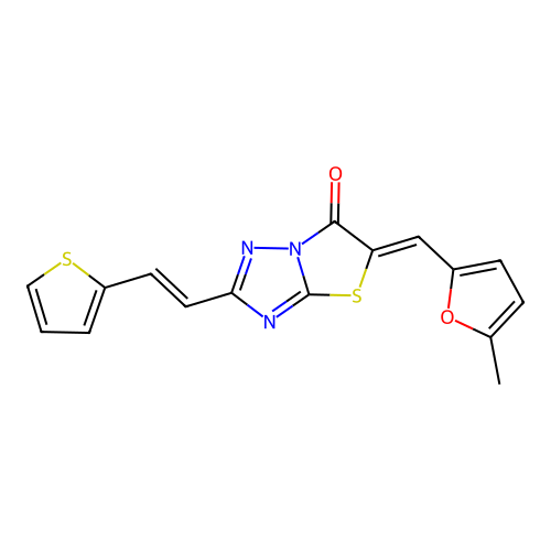 (5Z)-5-[(5-methylfuran-2-yl)methylidene]-2-[(E)-2-(thiophen-2-yl)ethenyl][1,3]thiazolo[3,2-b][1,2,4]triazol-6(5H)-one structure