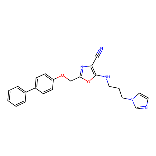 2-[(biphenyl-4-yloxy)methyl]-5-{[3-(1H-imidazol-1-yl)propyl]amino}-1,3-oxazole-4-carbonitrile structure