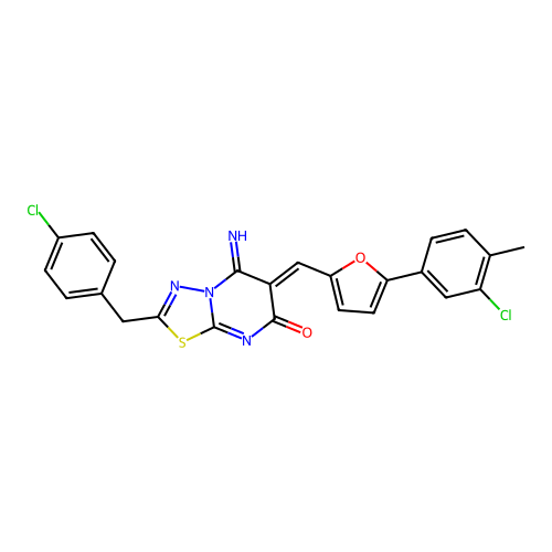(6Z)-2-(4-chlorobenzyl)-6-{[5-(3-chloro-4-methylphenyl)furan-2-yl]methylidene}-5-imino-5,6-dihydro-7H-[1,3,4]thiadiazolo[3,2-a]pyrimidin-7-one structure