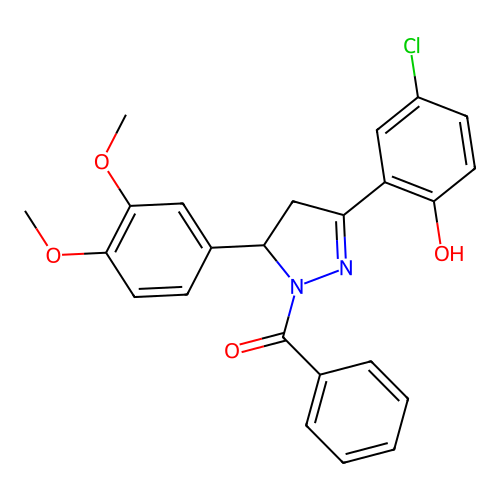 (3-(5-chloro-2-hydroxyphenyl)-5-(3,4-dimethoxyphenyl)-4,5-dihydro-1H-pyrazol-1-yl)(phenyl)methanone structure