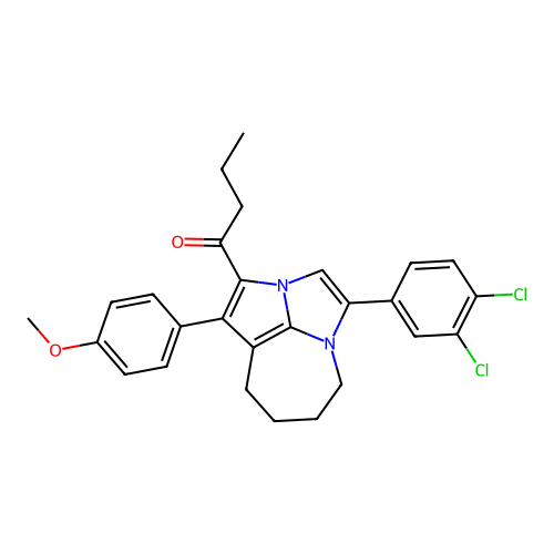 1-(4-(3,4-dichlorophenyl)-1-(4-methoxyphenyl)-5,6,7,8-tetrahydro-2a,4a-diazacyclopenta[cd]azulen-2-yl)butan-1-one structure