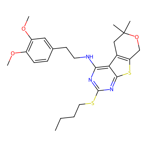 2-(butylsulfanyl)-N-[2-(3,4-dimethoxyphenyl)ethyl]-6,6-dimethyl-5,8-dihydro-6H-pyrano[4',3':4,5]thieno[2,3-d]pyrimidin-4-amine structure