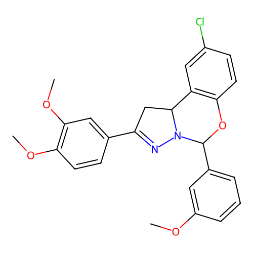 9-chloro-2-(3,4-dimethoxyphenyl)-5-(3-methoxyphenyl)-1,10b-dihydropyrazolo[1,5-c][1,3]benzoxazine structure