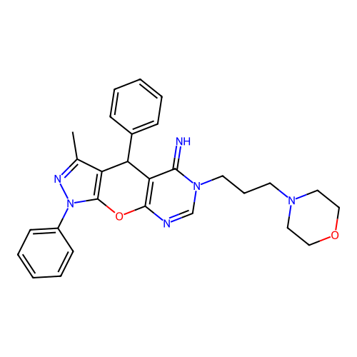 3-methyl-6-[3-(morpholin-4-yl)propyl]-1,4-diphenyl-4,6-dihydropyrazolo[4',3':5,6]pyrano[2,3-d]pyrimidin-5(1H)-imine structure