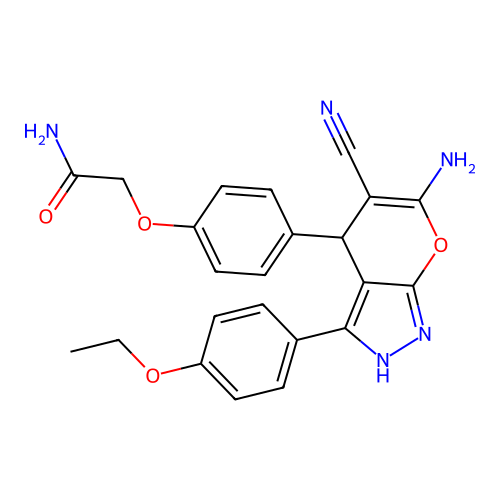2-(4-(6-amino-5-cyano-3-(4-ethoxyphenyl)-1,4-dihydropyrano[2,3-c]pyrazol-4-yl)phenoxy)acetamide structure