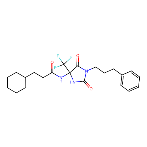 3-cyclohexyl-N-[2,5-dioxo-1-(3-phenylpropyl)-4-(trifluoromethyl)imidazolidin-4-yl]propanamide structure