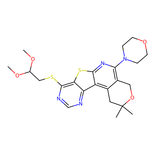 8-((2,2-dimethoxyethyl)thio)-2,2-dimethyl-5-morpholino-2,4-dihydro-1H-pyrano[4'',3'':4',5']pyrido[3',2':4,5]thieno[3,2-d]pyrimidine structure