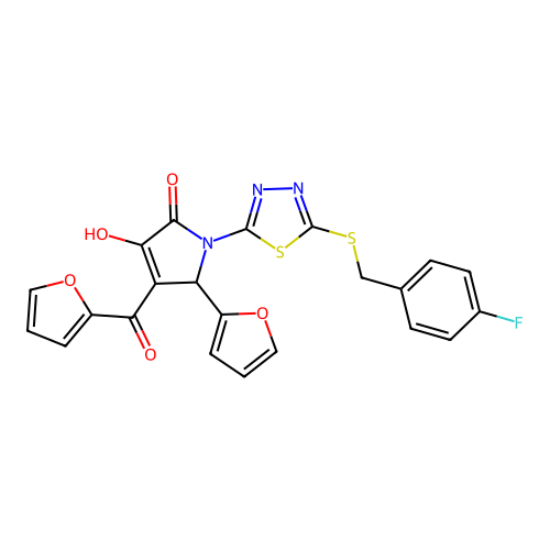 (4E)-1-{5-[(4-fluorobenzyl)sulfanyl]-1,3,4-thiadiazol-2-yl}-5-(furan-2-yl)-4-[furan-2-yl(hydroxy)methylidene]pyrrolidine-2,3-dione structure