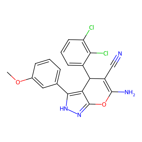 6-amino-4-(2,3-dichlorophenyl)-3-(3-methoxyphenyl)-2,4-dihydropyrano[2,3-c]pyrazole-5-carbonitrile structure