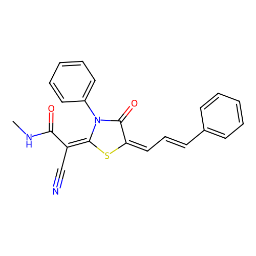 (2E)-2-cyano-N-methyl-2-[(5E)-4-oxo-3-phenyl-5-[(E)-3-phenylprop-2-enylidene]-1,3-thiazolidin-2-ylidene]acetamide structure