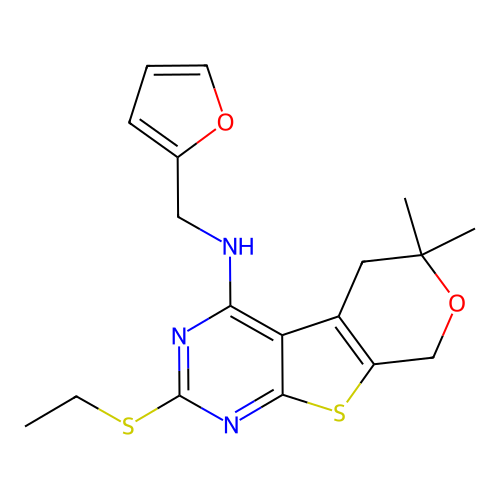 2-(ethylsulfanyl)-N-(furan-2-ylmethyl)-6,6-dimethyl-5,8-dihydro-6H-pyrano[4',3':4,5]thieno[2,3-d]pyrimidin-4-amine structure