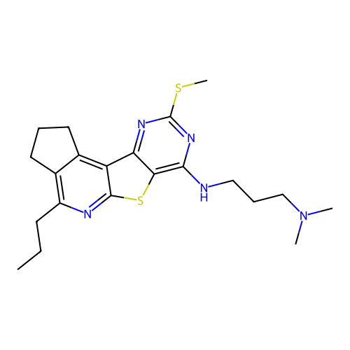 N,N-dimethyl-N'-[9-(methylsulfanyl)-4-propyl-2,3-dihydro-1H-cyclopenta[4',5']pyrido[3',2':4,5]thieno[3,2-d]pyrimidin-7-yl]propane-1,3-diamine structure