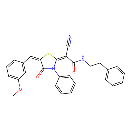 (2E)-2-cyano-2-[(5E)-5-(3-methoxybenzylidene)-4-oxo-3-phenyl-1,3-thiazolidin-2-ylidene]-N-(2-phenylethyl)ethanamide structure