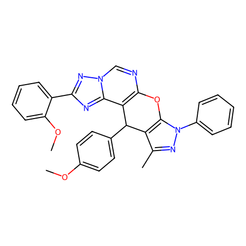 2-(2-methoxyphenyl)-11-(4-methoxyphenyl)-10-methyl-8-phenyl-8,11-dihydropyrazolo[4',3':5,6]pyrano[3,2-e][1,2,4]triazolo[1,5-c]pyrimidine structure