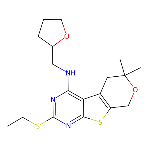 2-(ethylsulfanyl)-6,6-dimethyl-N-(tetrahydrofuran-2-ylmethyl)-5,8-dihydro-6H-pyrano[4',3':4,5]thieno[2,3-d]pyrimidin-4-amine structure