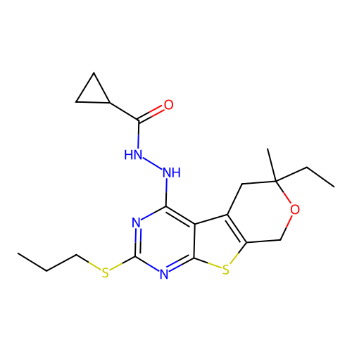 N'-(6-ethyl-6-methyl-2-(propylthio)-6,8-dihydro-5H-pyrano[4',3':4,5]thieno[2,3-d]pyrimidin-4-yl)cyclopropanecarbohydrazide structure