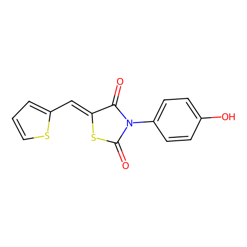 (Z)-3-(4-hydroxyphenyl)-5-(thiophen-2-ylmethylene)thiazolidine-2,4-dione structure