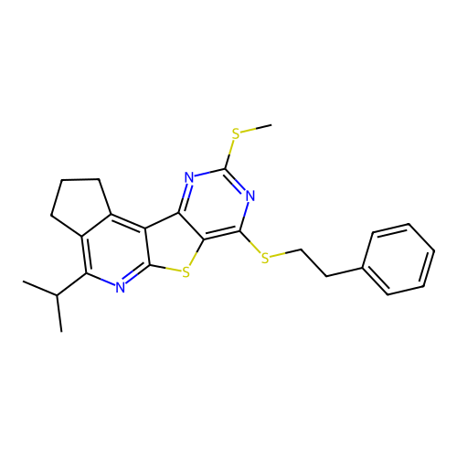 4-isopropyl-9-(methylthio)-7-(phenethylthio)-2,3-dihydro-1H-cyclopenta[4',5']pyrido[3',2':4,5]thieno[3,2-d]pyrimidine structure