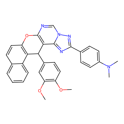 4-[14-(3,4-dimethoxyphenyl)-14H-benzo[5,6]chromeno[3,2-e][1,2,4]triazolo[1,5-c]pyrimidin-2-yl]-N,N-dimethylaniline structure