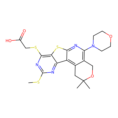 {[2,2-dimethyl-10-(methylsulfanyl)-5-(morpholin-4-yl)-1,4-dihydro-2H-pyrano[4'',3'':4',5']pyrido[3',2':4,5]thieno[3,2-d]pyrimidin-8-yl]sulfanyl}acetic acid structure