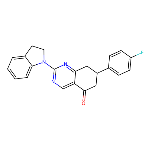 2-(2,3-dihydro-1H-indol-1-yl)-7-(4-fluorophenyl)-7,8-dihydroquinazolin-5(6H)-one structure