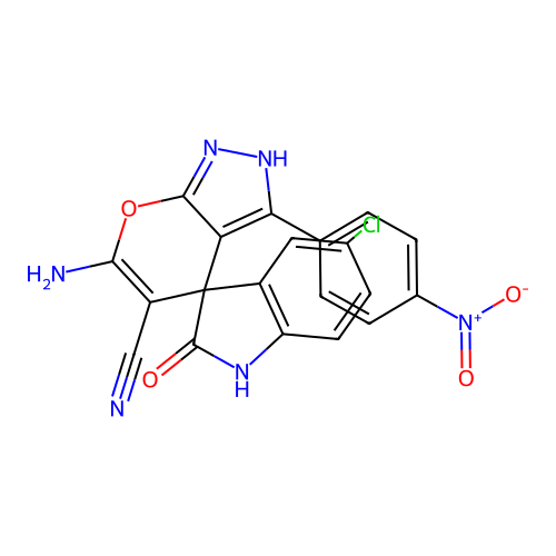 6'-amino-5-chloro-3'-(4-nitrophenyl)-2-oxo-1'H-spiro[indoline-3,4'-pyrano[2,3-c]pyrazole]-5'-carbonitrile structure