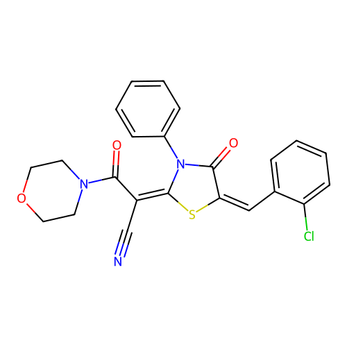 (E)-2-((E)-5-(2-chlorobenzylidene)-4-oxo-3-phenylthiazolidin-2-ylidene)-3-morpholino-3-oxopropanenitrile structure