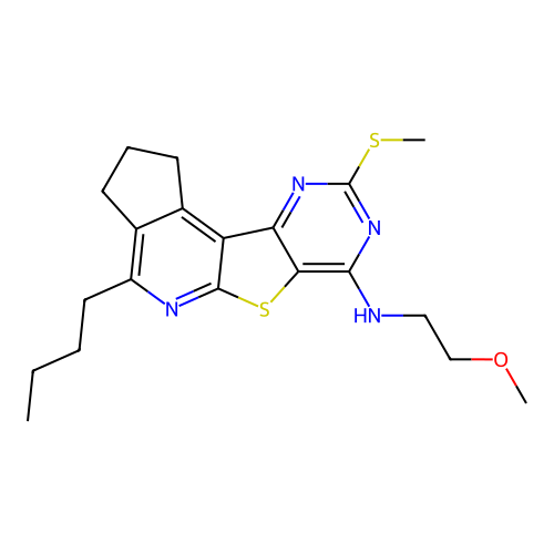 4-butyl-N-(2-methoxyethyl)-9-(methylsulfanyl)-2,3-dihydro-1H-cyclopenta[4',5']pyrido[3',2':4,5]thieno[3,2-d]pyrimidin-7-amine structure