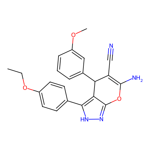 6-amino-3-(4-ethoxyphenyl)-4-(3-methoxyphenyl)-1,4-dihydropyrano[2,3-c]pyrazole-5-carbonitrile structure