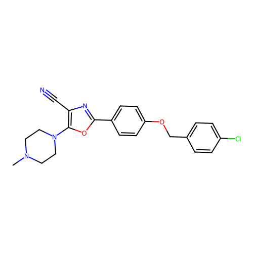 2-[4-[(4-chlorophenyl)methoxy]phenyl]-5-(4-methylpiperazin-1-yl)-1,3-oxazole-4-carbonitrile structure