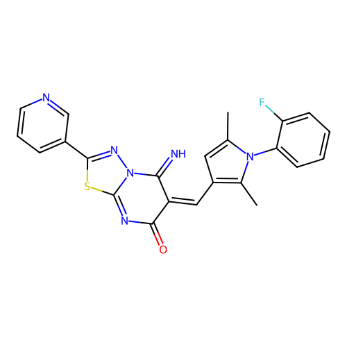 (E)-6-((1-(2-fluorophenyl)-2,5-dimethyl-1H-pyrrol-3-yl)methylene)-5-imino-2-(pyridin-3-yl)-5H-[1,3,4]thiadiazolo[3,2-a]pyrimidin-7(6H)-one structure