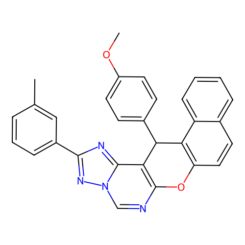 14-(4-methoxyphenyl)-2-(3-methylphenyl)-14H-benzo[5,6]chromeno[3,2-e][1,2,4]triazolo[1,5-c]pyrimidine structure